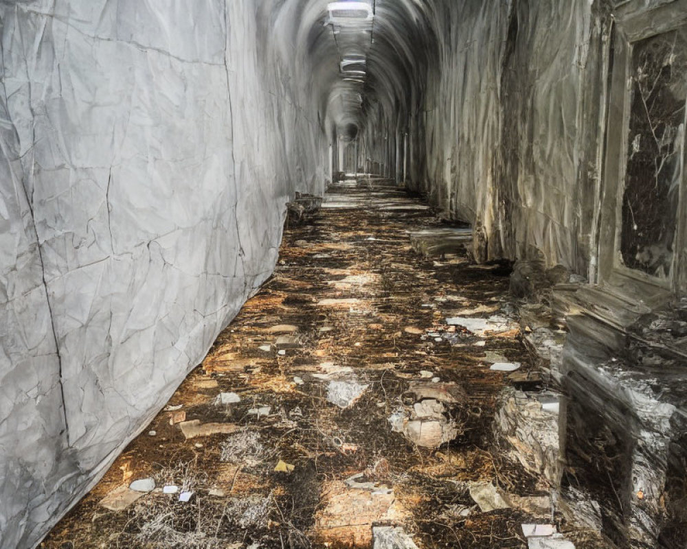 Desolate tunnel with crumbled walls and debris-covered floor