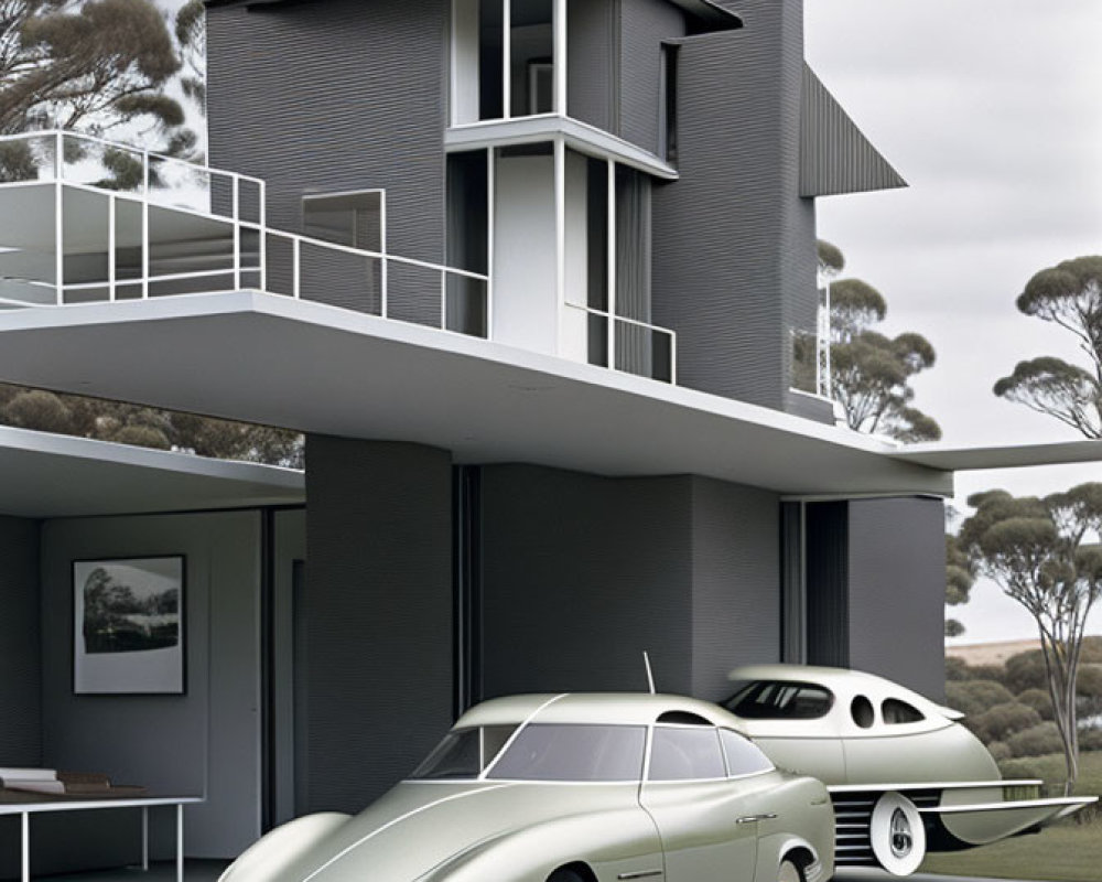 Vintage Car Parked in Front of Modern House with Geometric Architecture