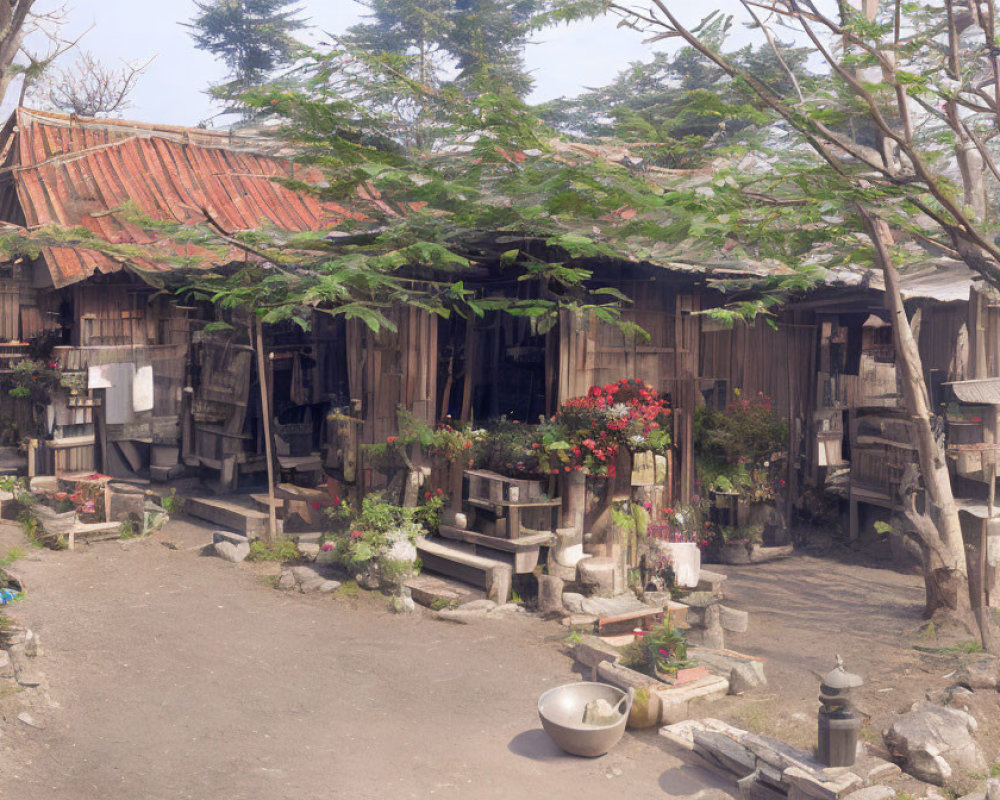 Weathered wooden house with tin roof, trees, and potted plants - rustic charm.