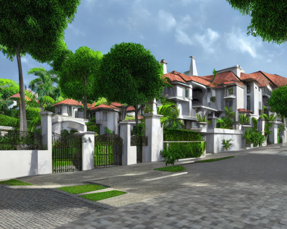 Tranquil street with white two-story houses and red tile roofs