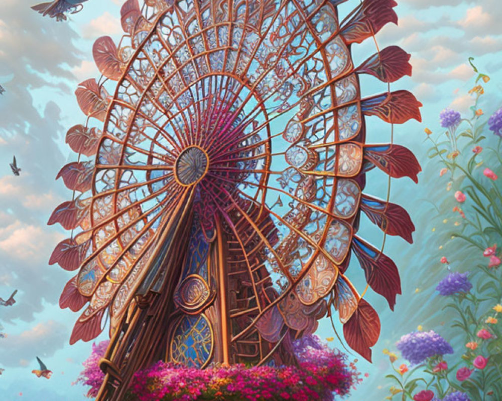 Whimsical feather-adorned ferris wheel in fantasy garden