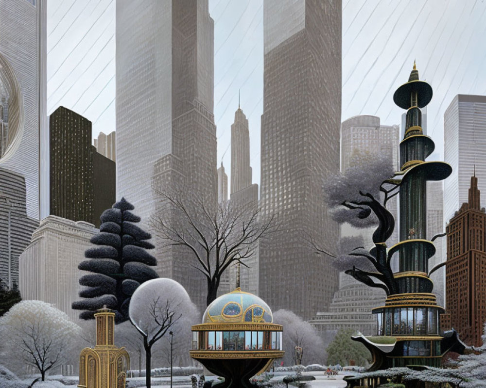 Surreal cityscape blending classical and futuristic architecture with whimsical vegetation on snow-covered ground under fog