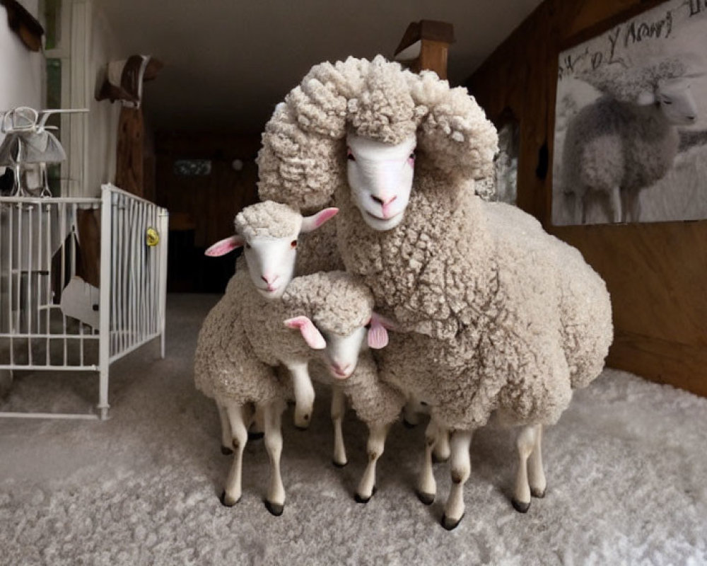 Three sheep with thick wool in a building with a "Back to Mom" sign