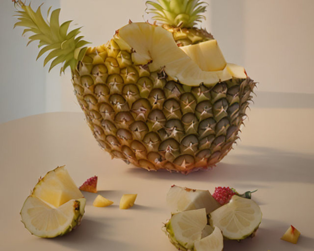 Sliced pineapple with chunks and top in warm lighting