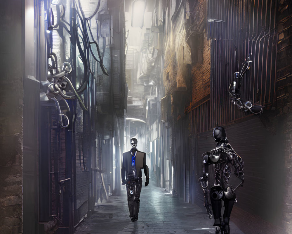 Futuristic alley scene with two androids and neon lights