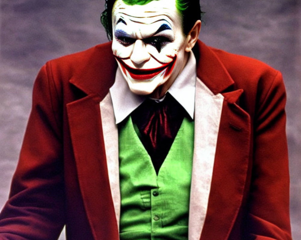 Person in Joker makeup with green hair, wearing red suit jacket, green vest, and white shirt smiling