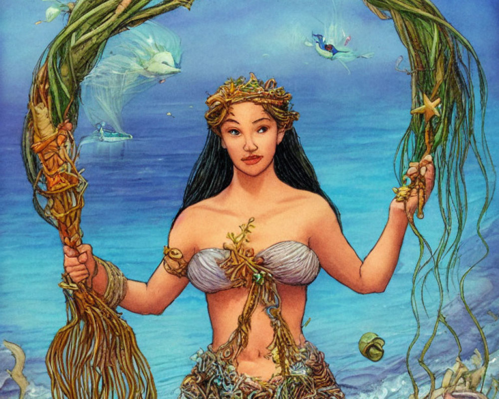 Asian-featured mermaid underwater with vine arch and marine life