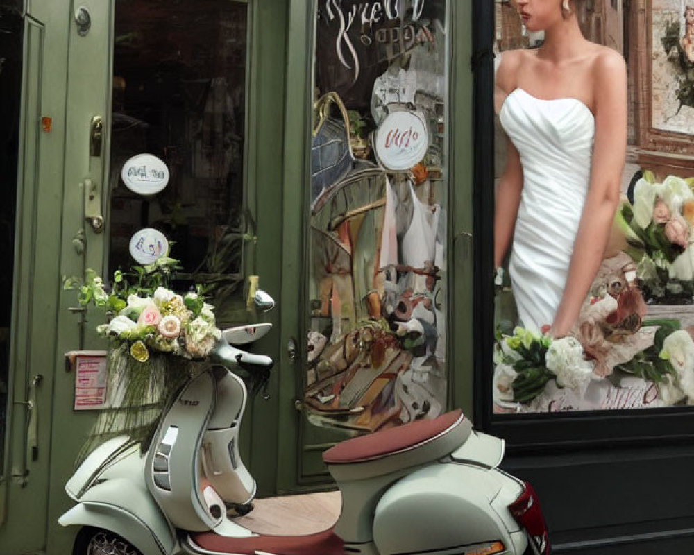 Vintage scooter outside bridal shop with wedding dress posters & bouquet on side platform