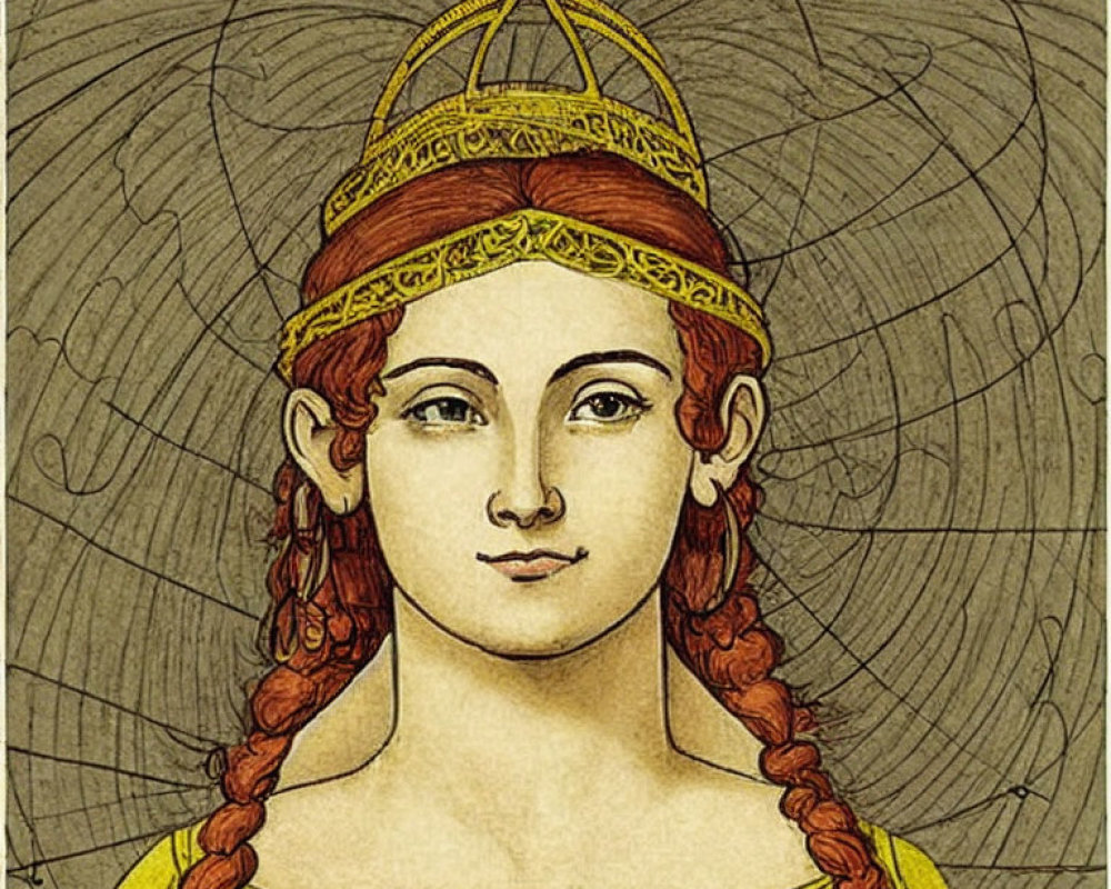 Vintage Illustration of Woman with Crown and Red Braided Hair