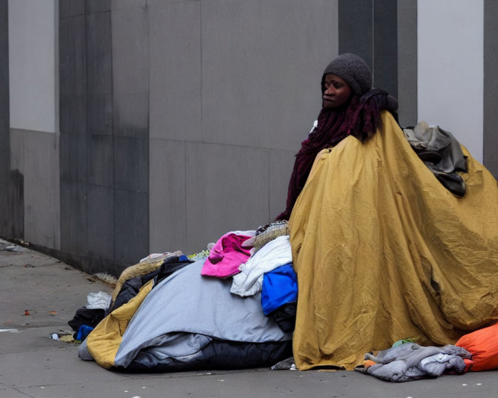 Person sitting on sidewalk with makeshift bed and personal items.