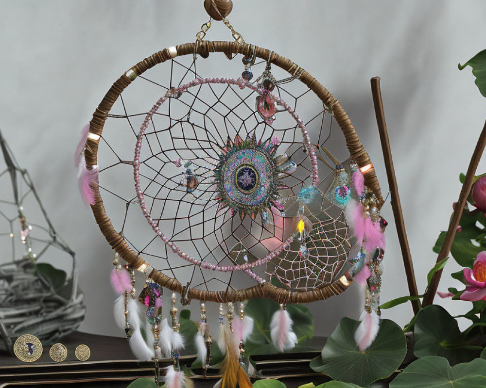 Bohemian-style dreamcatcher with feathers, beads, and crystals, set against plants and a