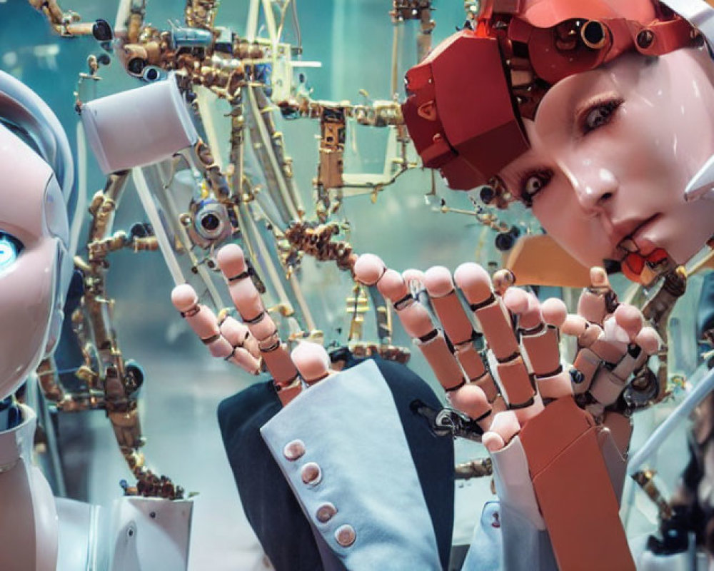 Humanoid robots with exposed brain and business suit face off