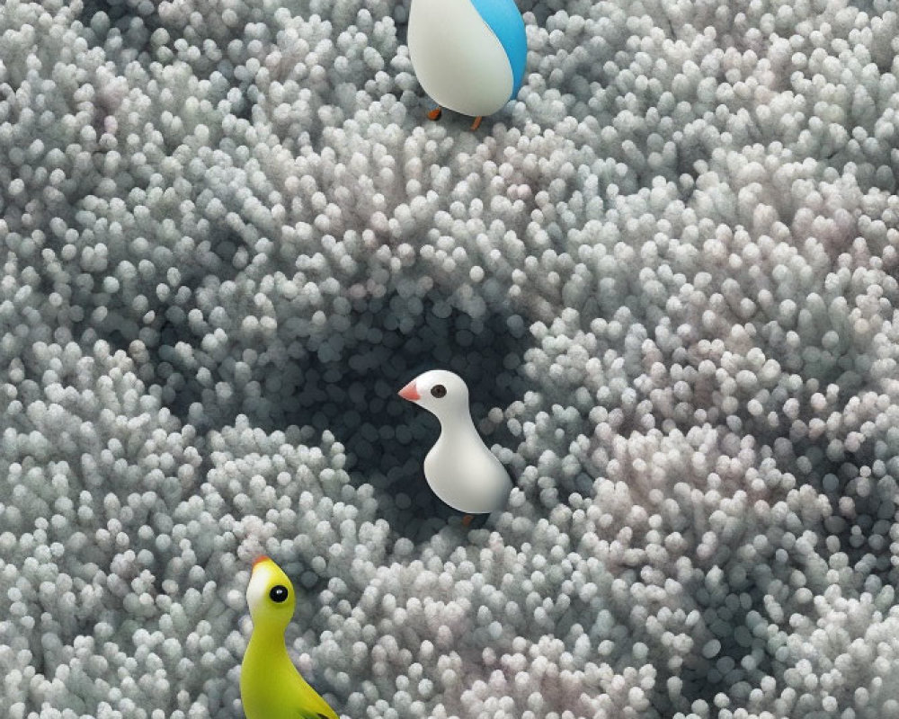 Colorful Cartoonish Birds on Textured Sphere Background