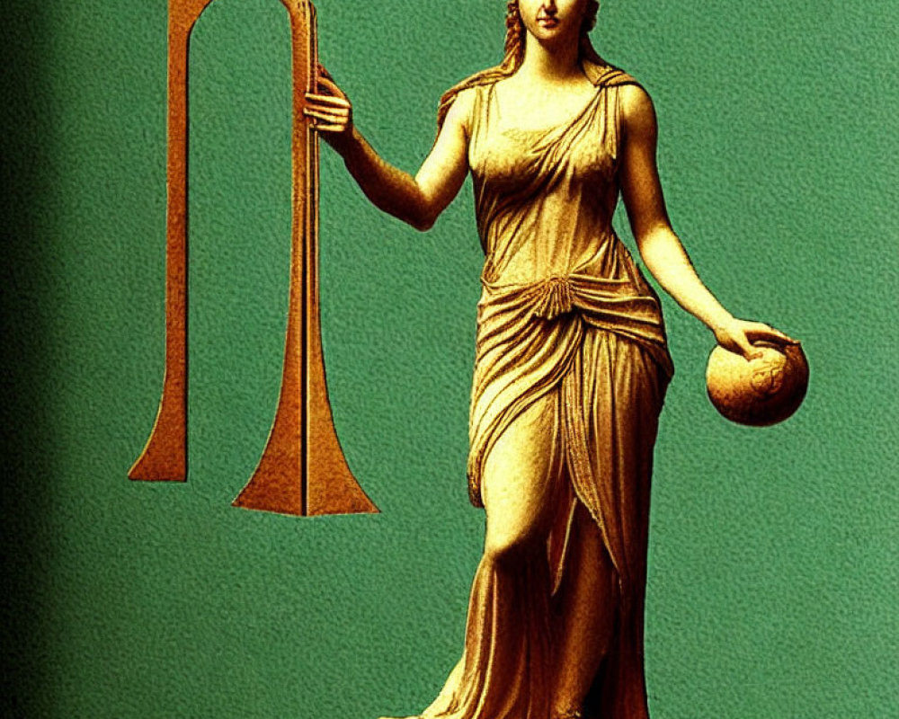 Classical statue of goddess with lyre and sphere on green background