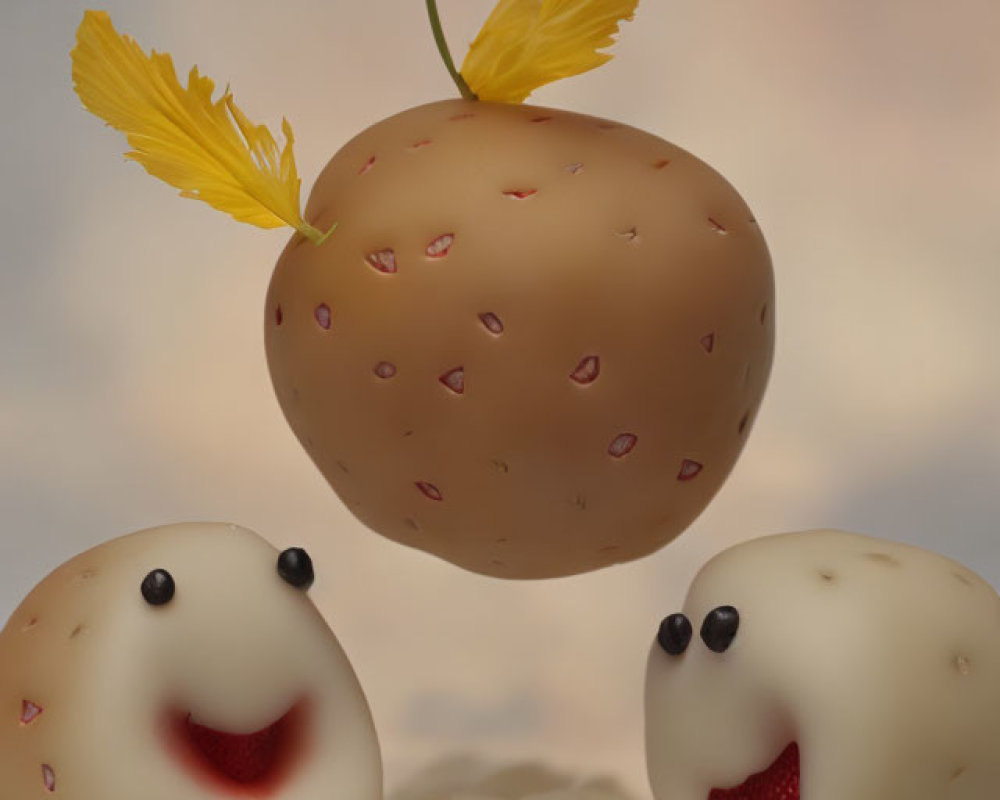 Three animated potatoes with faces - two in awe, one with wings.