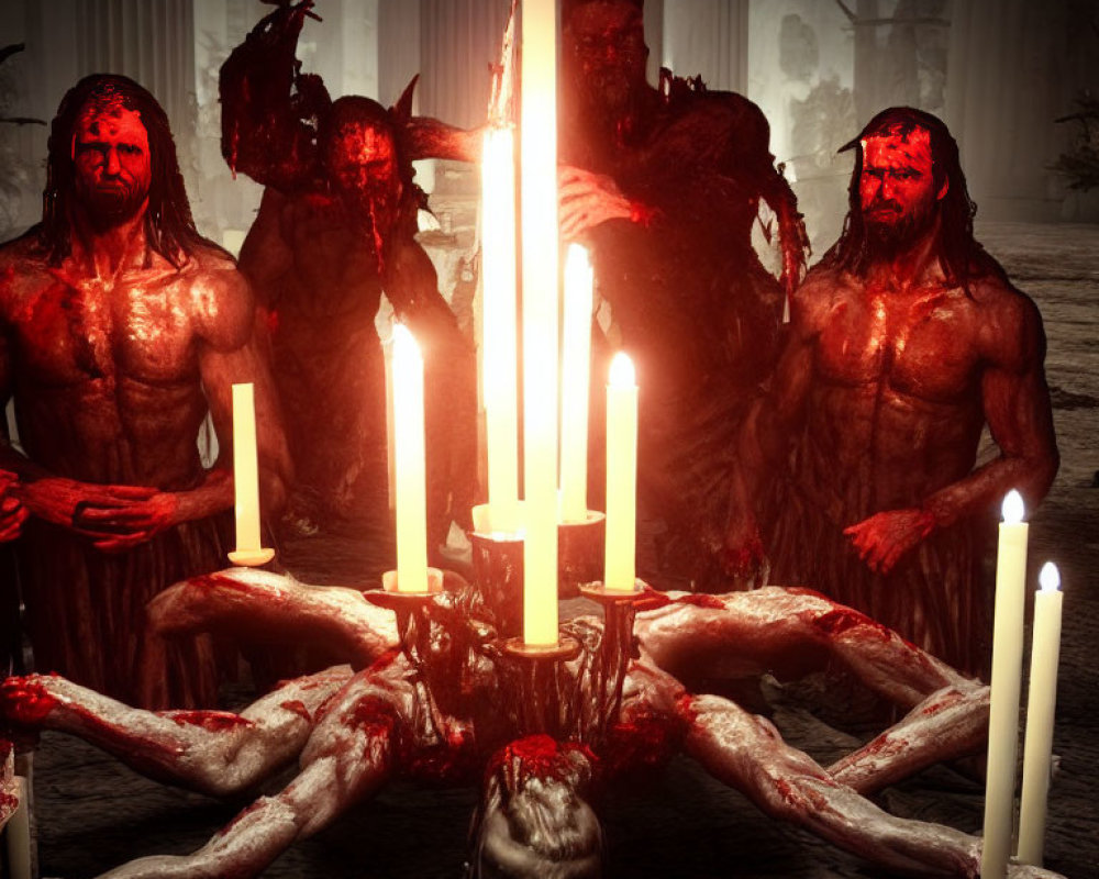 Macabre humanoid figures in blood, dismembered setting with candles and fog