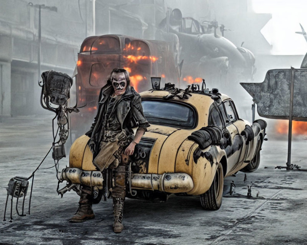 Person in gas mask on modified yellow car in post-apocalyptic scene.