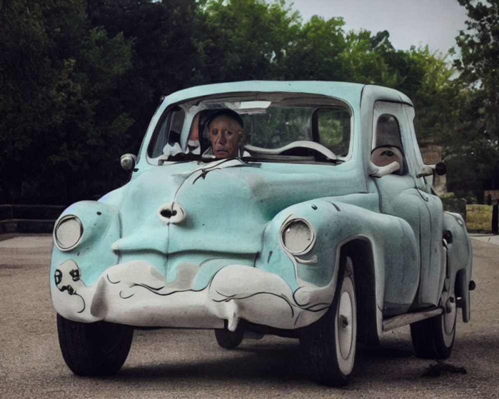 Vintage Blue Car with Artistic Facial Features and Driver Peeking Out