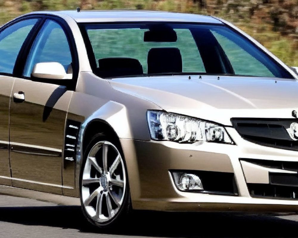 Metallic Beige Sedan in Motion on Asphalt Road with Grille, Alloy Wheels, and Head