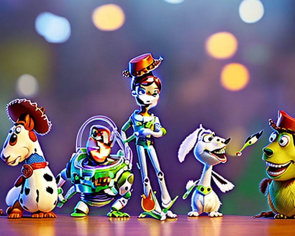 Toy Story Animated Toy Characters with Colorful Bokeh Lights