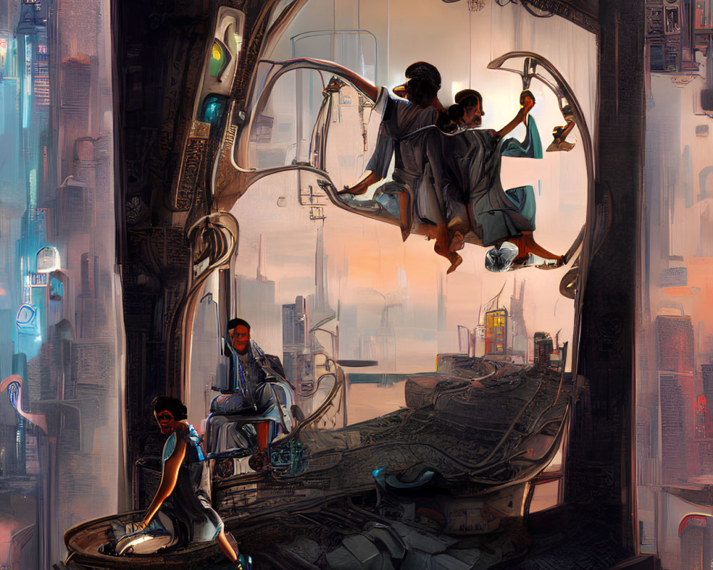 Futuristic cityscape with three people on floating platform