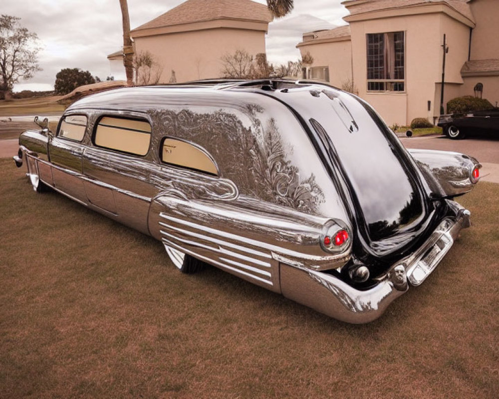 Vintage Customized Car with Elongated Body and Shiny Black Finish parked on Grass near Building