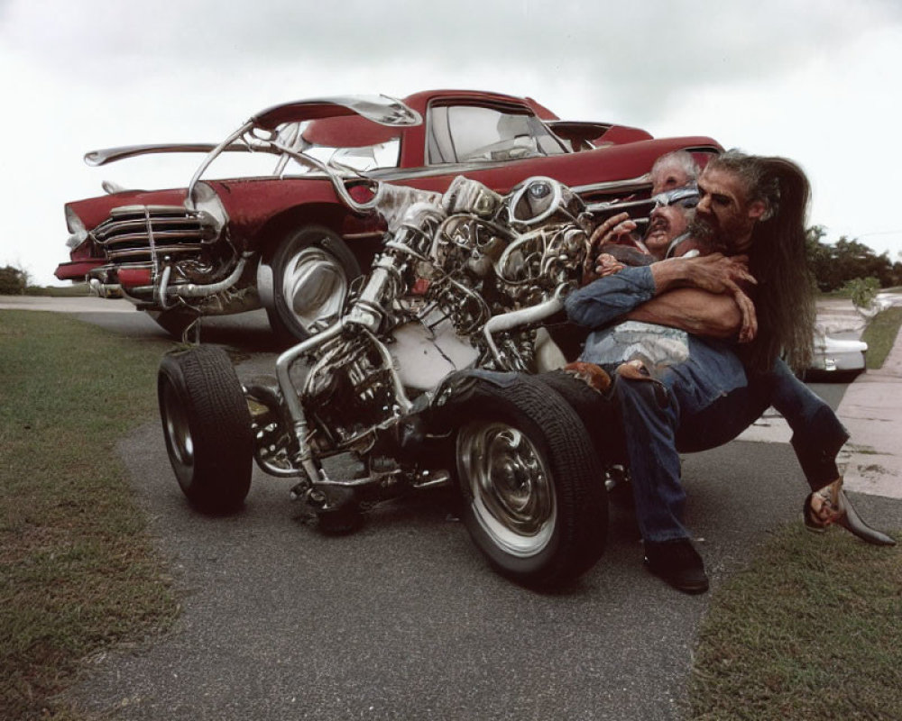 Man crouching with oversized engine next to classic car on roadside