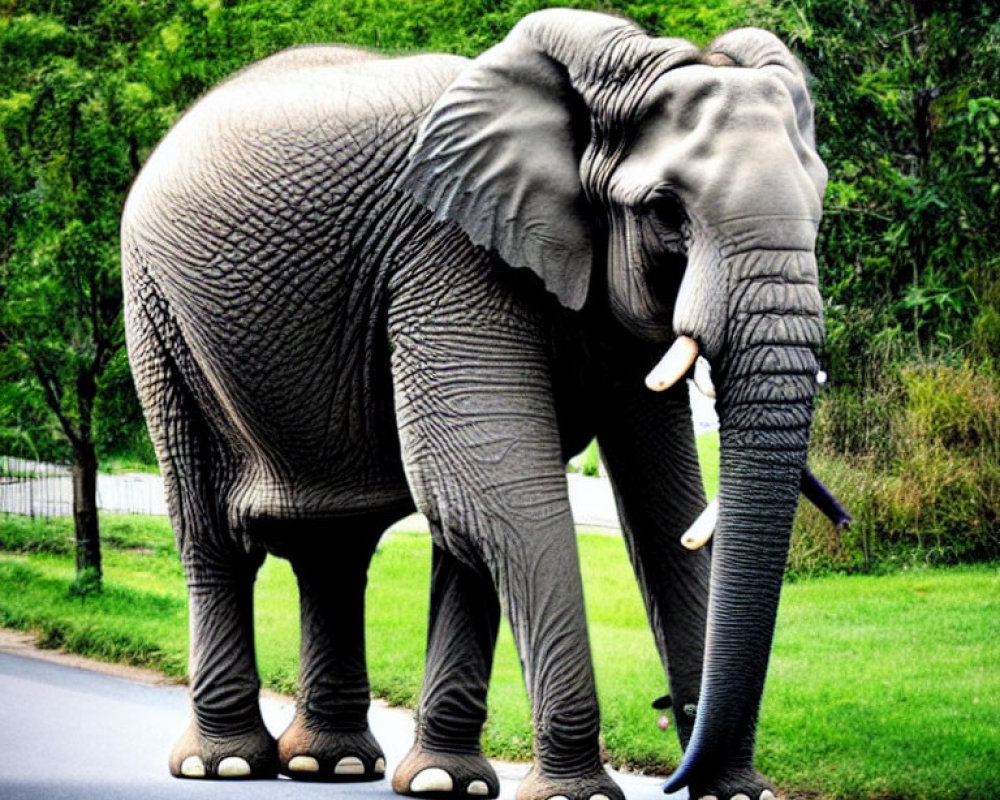 Lonely elephant strolling on paved road with green surroundings