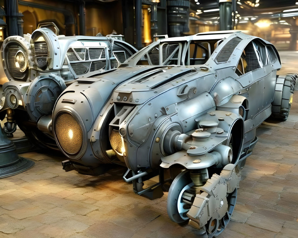 Armored futuristic vehicle with metallic body in industrial setting