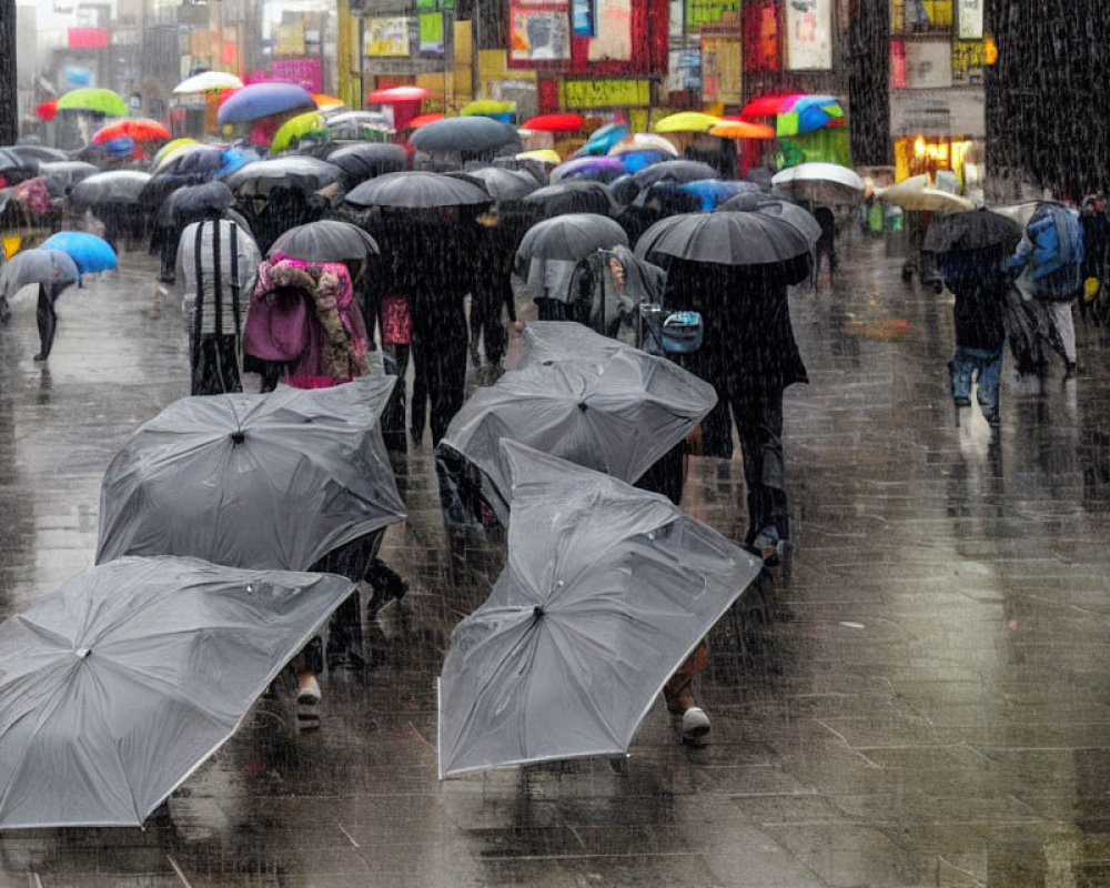 Colorful Umbrellas in Rainy City Street