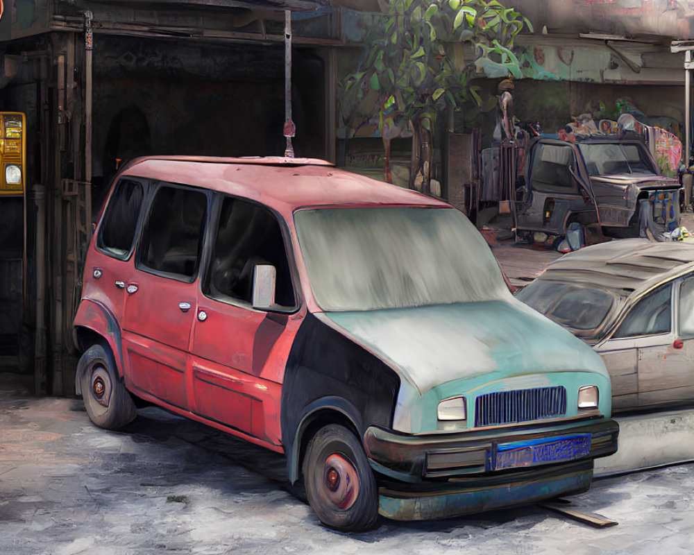 Weathered red and white van in front of graffiti-covered building under grey sky