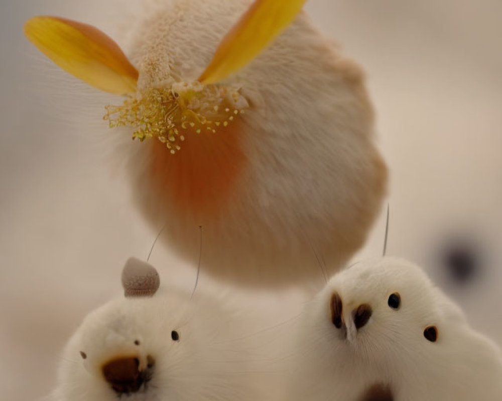 Two cute plush bunny toys with soft fur and a yellow flower, close-up.