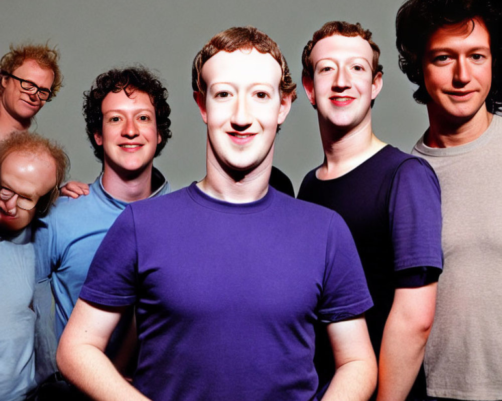 Six Men with Curly Hair Smiling in Colored Shirts