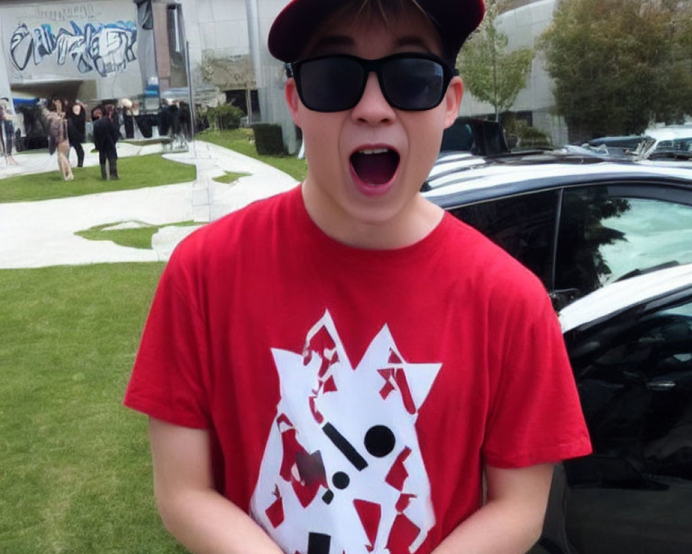 Person in Red T-Shirt with White Graphic and Sunglasses Outdoors