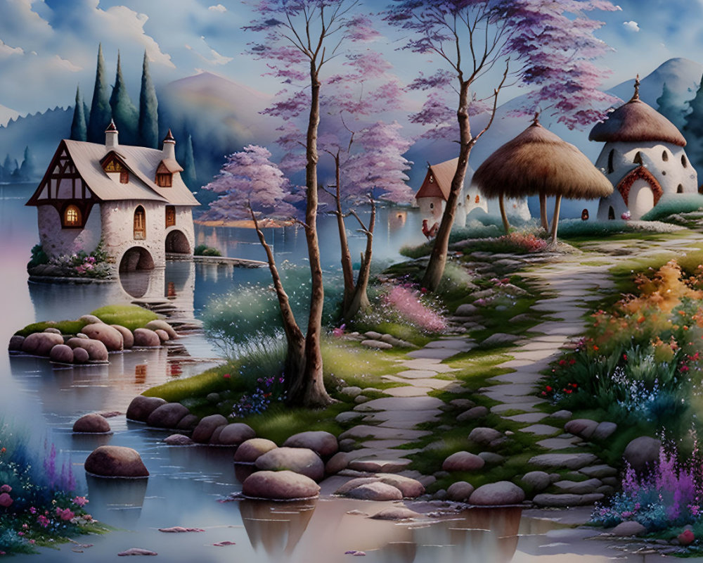 Whimsical cottages in fantasy landscape with cherry blossoms