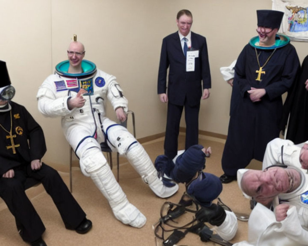 Eclectic Costumes: Astronaut, Clergy & More in Room Laughing and Lying Down