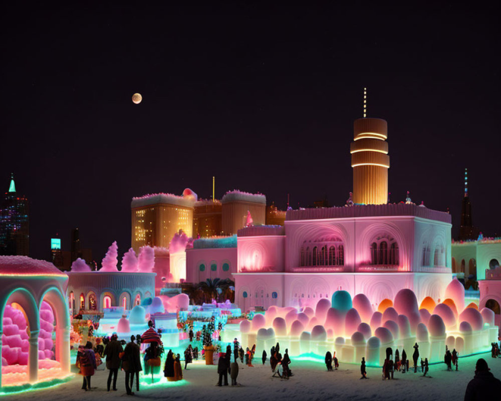 Nighttime Ice Sculpture City with Crescent Moon