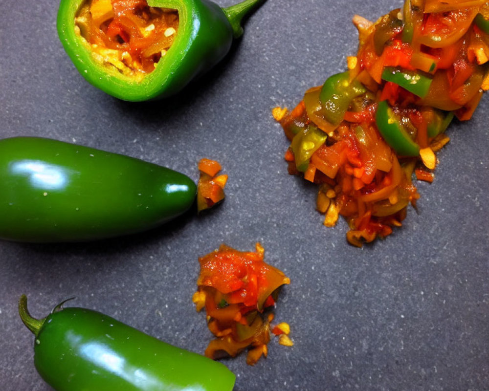 Fresh Green Jalapeño Peppers Sliced Open on Dark Surface