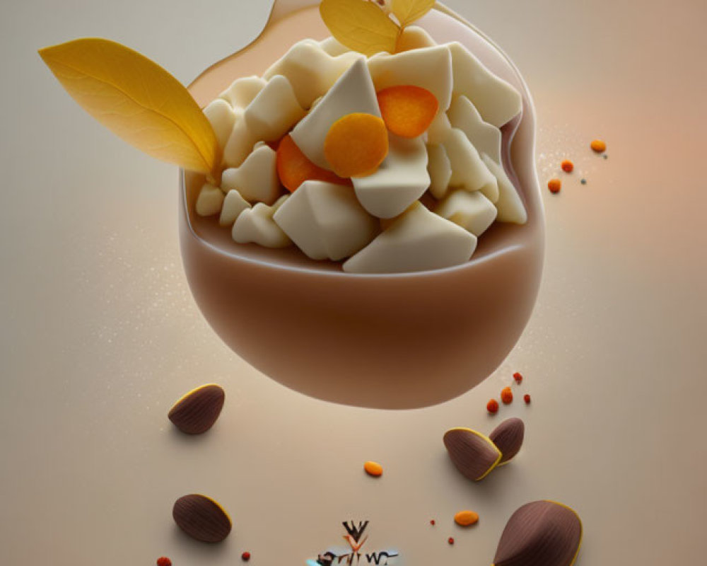 Chocolate egg with white cream, orange slices, and whimsical symbols depicted.