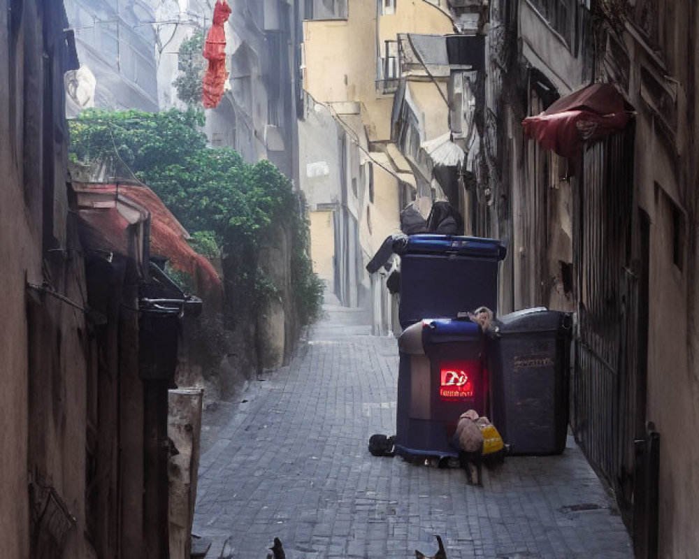 Old Buildings and Cats in Narrow Alleyway Scene