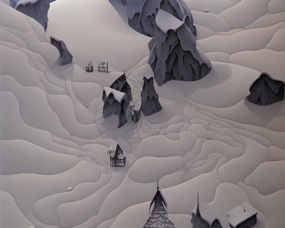 Snowy hills and mountains in a stylized winter landscape with scattered houses.