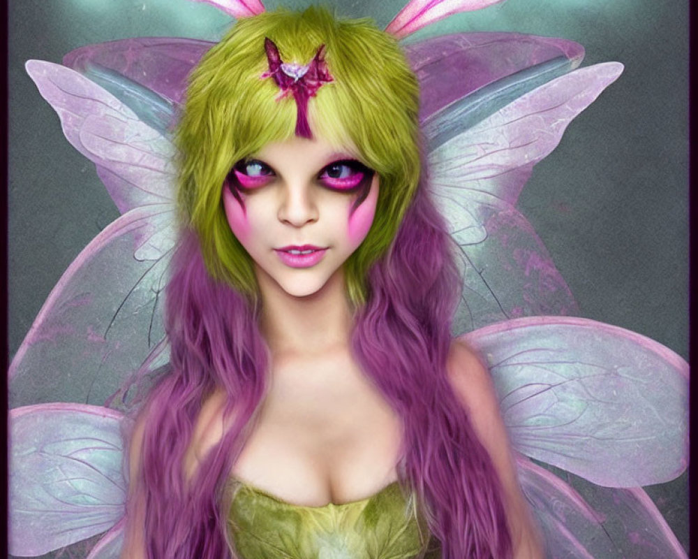 Vibrant fairy with green and purple hair and butterfly on forehead