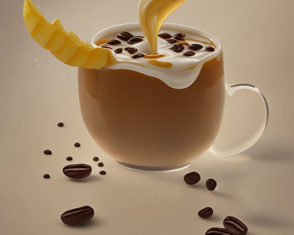 Stylized image of coffee cup with milk splash, steam swirl, sugar cube, and coffee beans