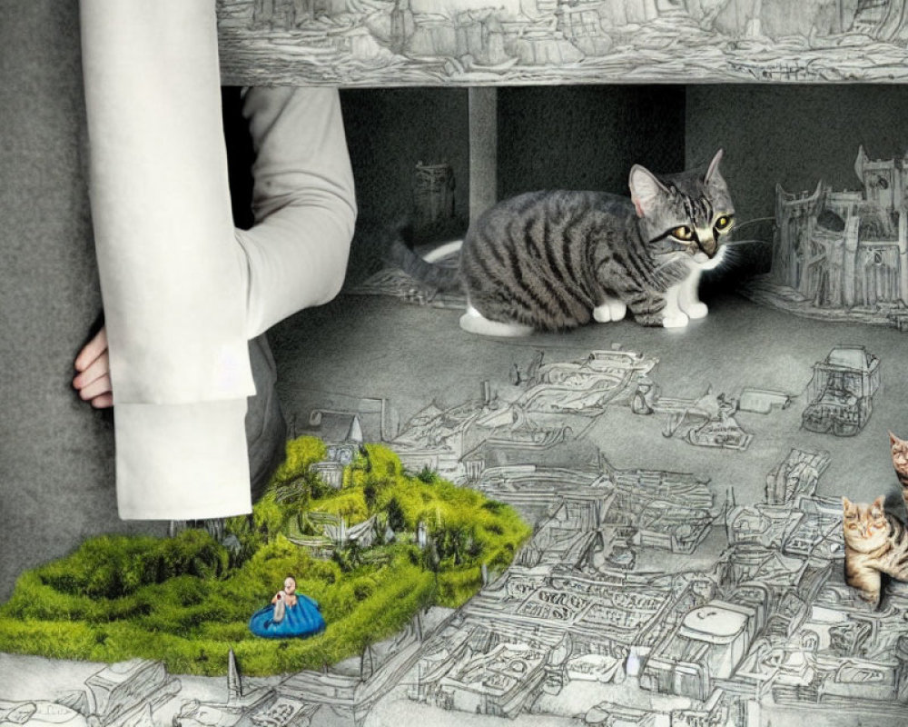 Surreal miniature cityscape with cats and person's lower body