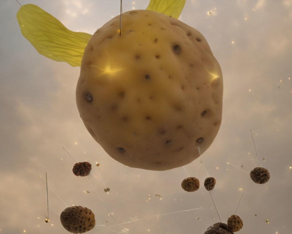 Lemon-like winged object floating among sparkly spheres in the sky