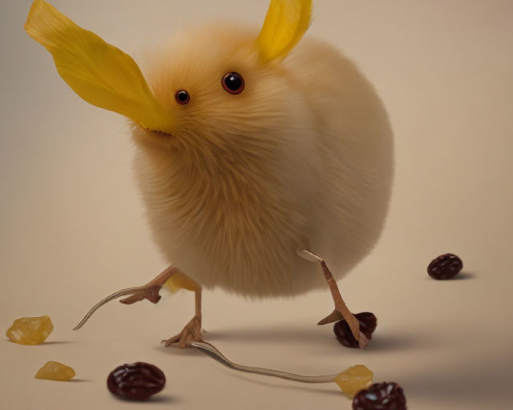 Fluffy creature with yellow ears and large eyes holding dried vine on beige background