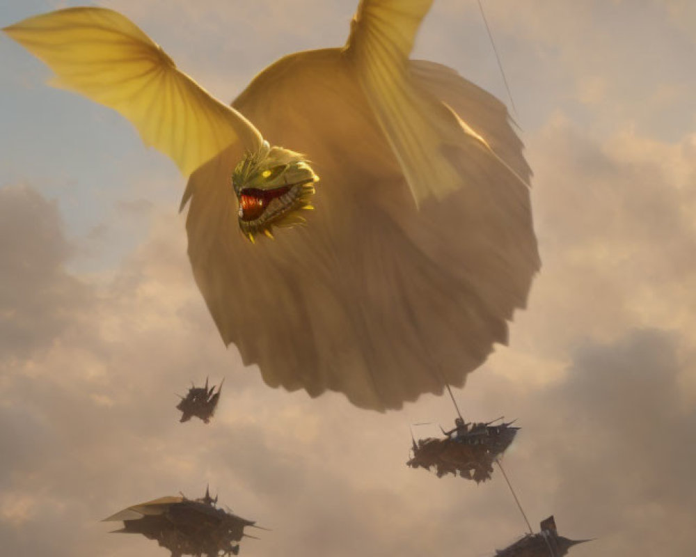 Yellow winged fish-like creature flies over ships in cloudy sky