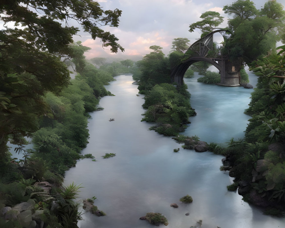 Tranquil river in lush forest with stone arch bridge and boats at sunrise