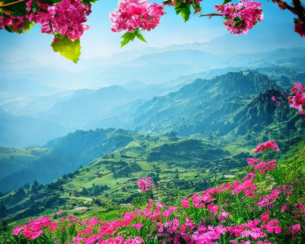 Pink Blossoms Surround Green Hills and Blue Sky