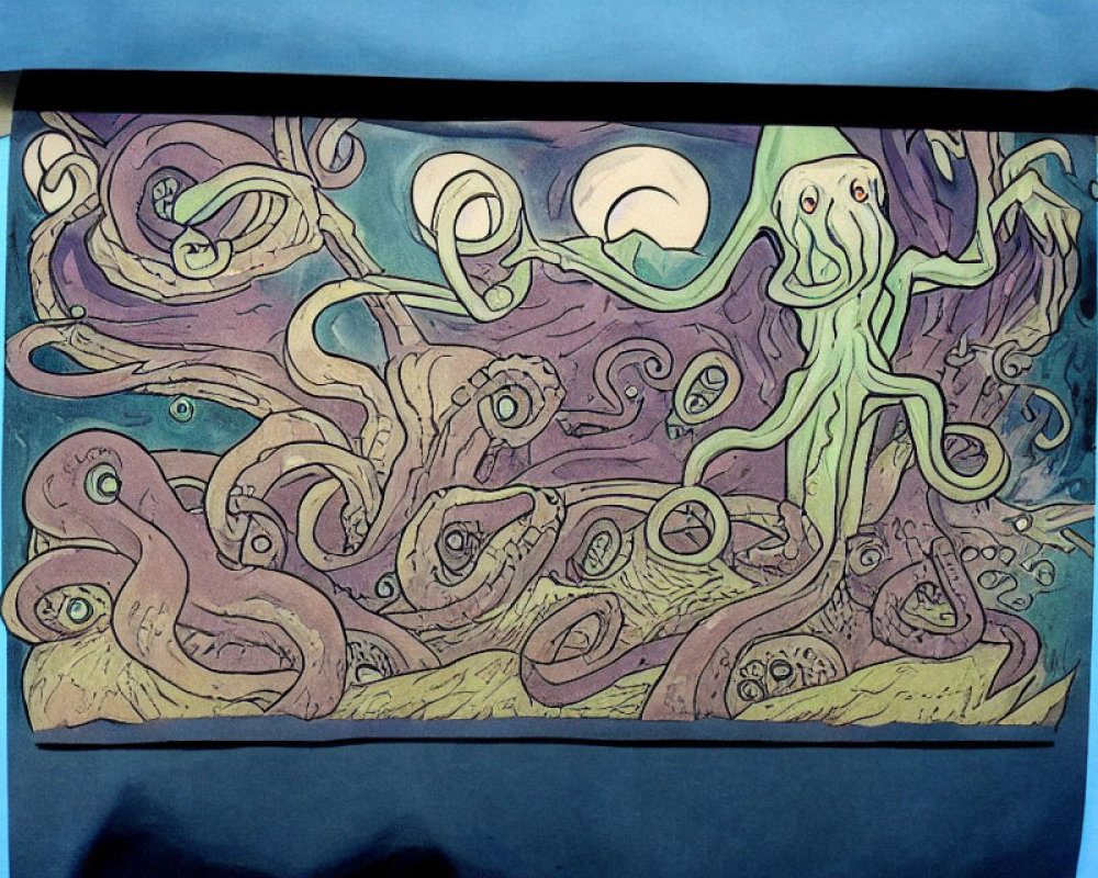 Vibrant drawing of fantastical octopus-like creatures under crescent moon